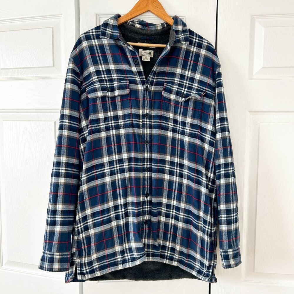 L.L.Bean Sherpa Lined Flannel Shirt Jacket Mens Size Large Tall Plaid Button
